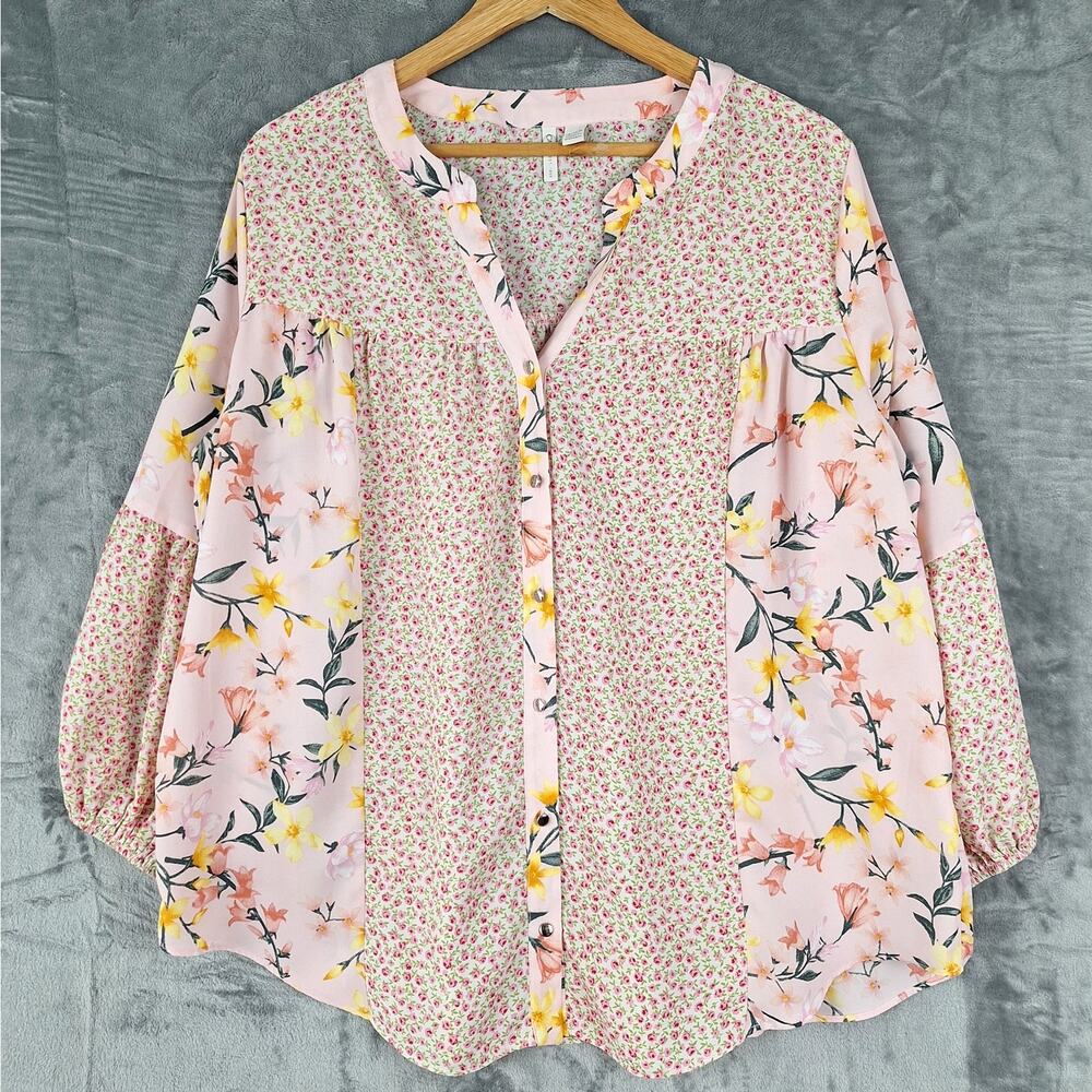 Womens Top 14/16W Pink Boho Romantic Floral Feminine Patchwork Bloomcore Button